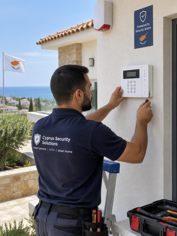 Technician installing an alarm keypad on the wall of a villa