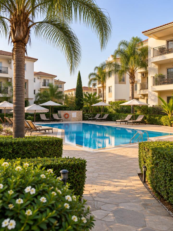 Communal swimming pool and landscaped gardens at a residential complex