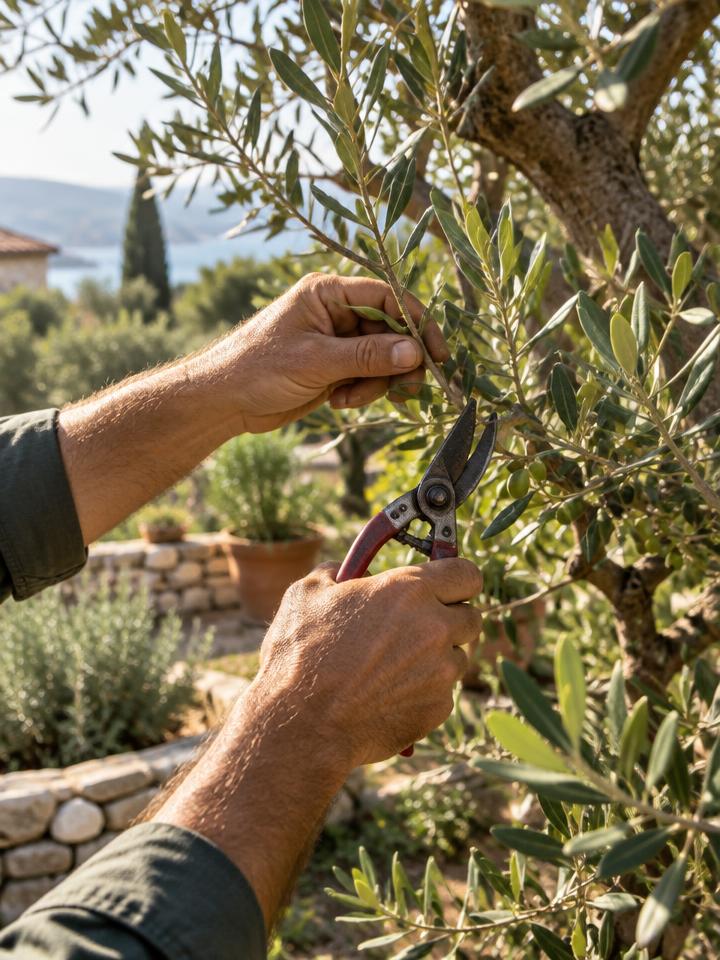 Pruning an olive tree in a Mediterranean garden
