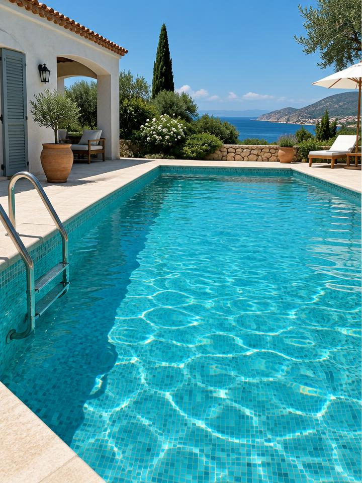 Clean outdoor swimming pool at a villa with a sea view
