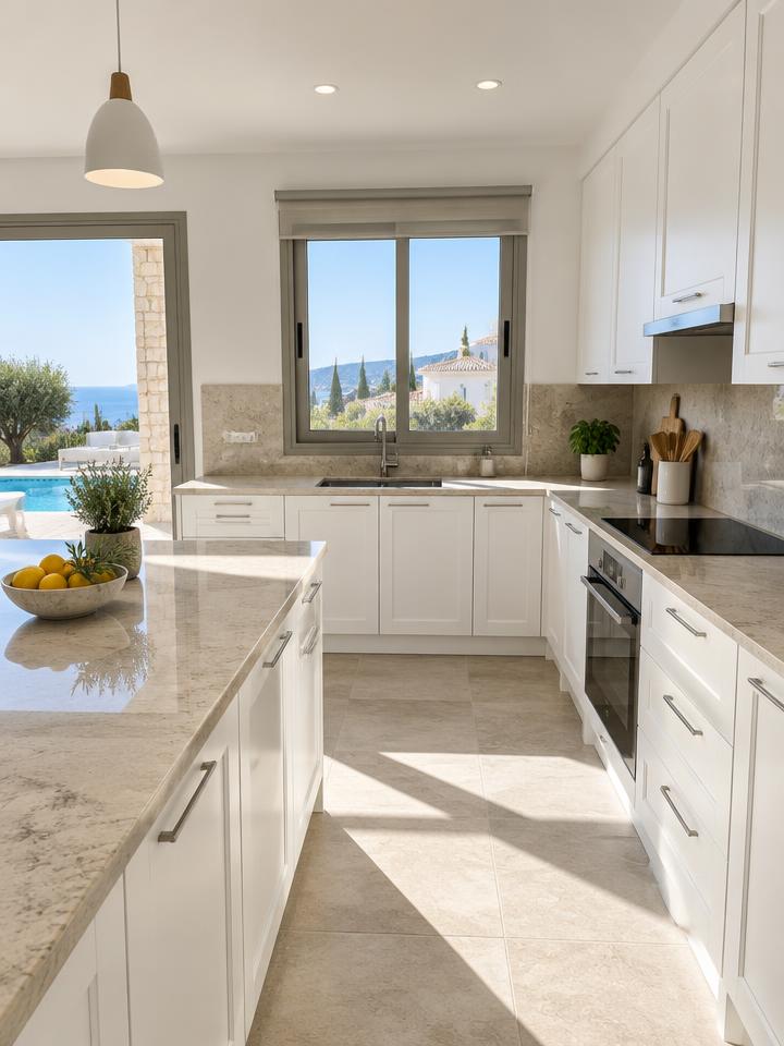 Bright modern kitchen with white cabinets and stone worktops