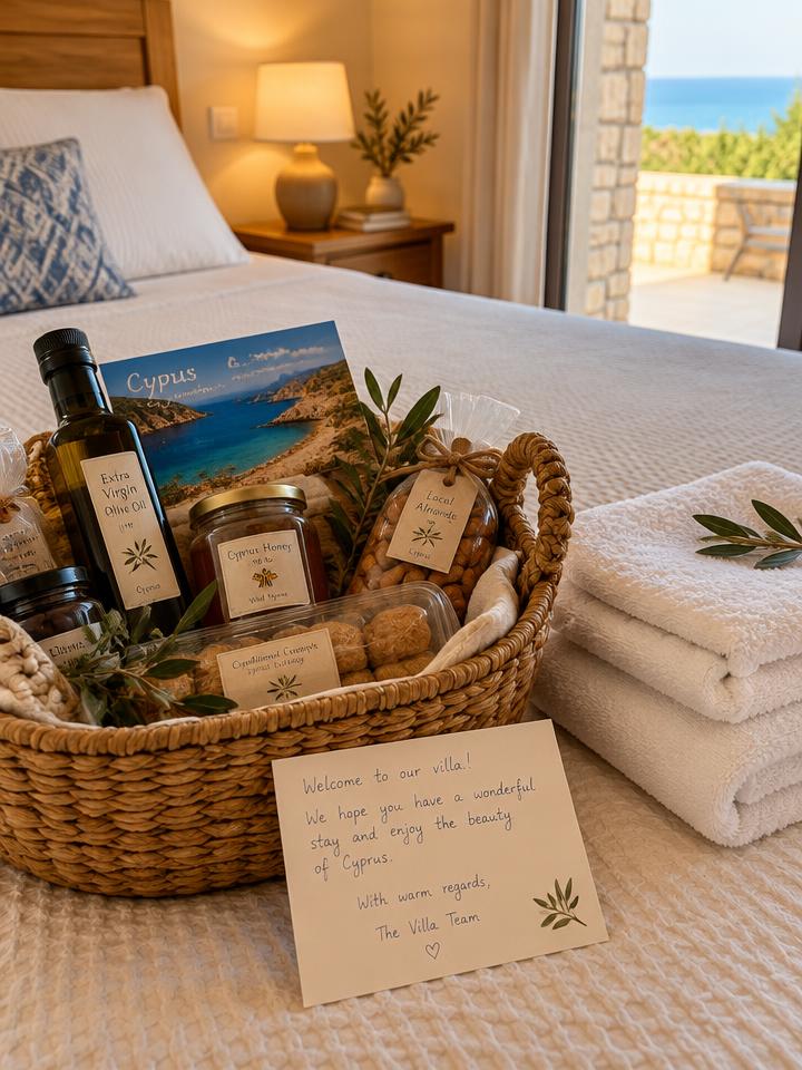 Welcome basket with local produce, towels and a welcome card prepared for holiday guests