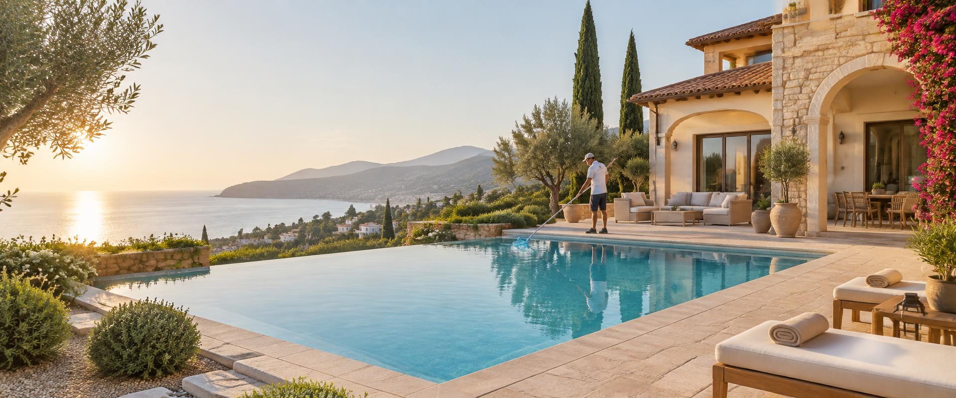 Pool being cleaned at a hillside villa overlooking the sea